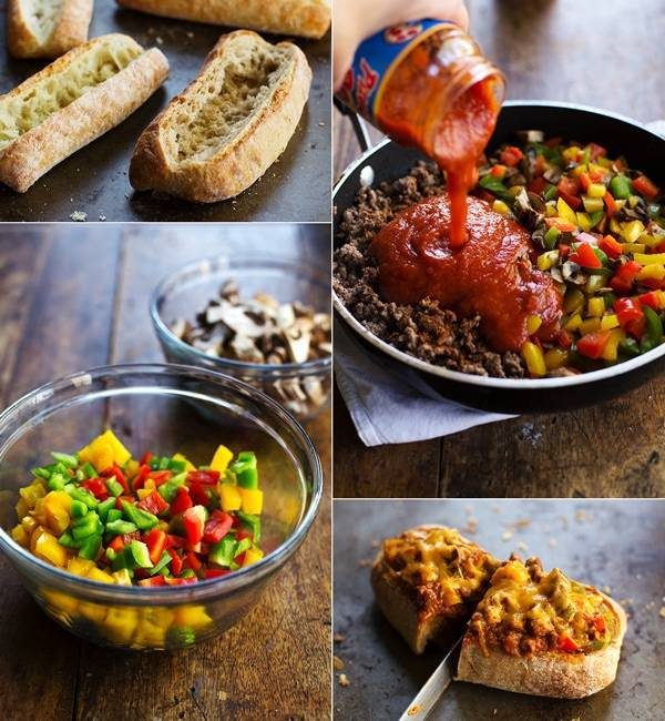 A collage of the four steps needed to make pizza bread, including cutting the bread, adding vegetables, and adding the pizza sauce.