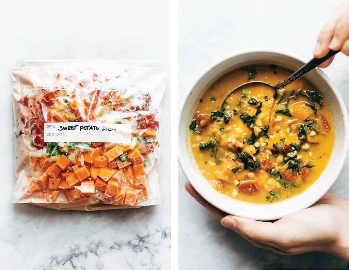 A bag of sweet potato stew and the cooked ending of it in a bowl.