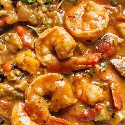 Spicy Gumbo in a bowl with rice.