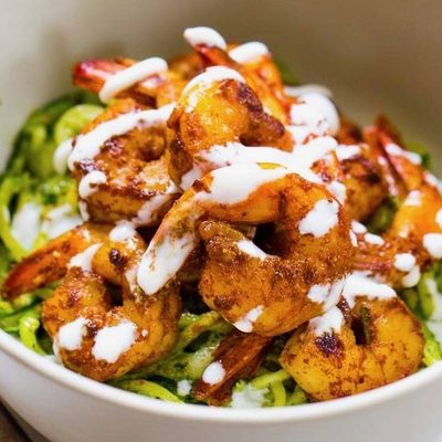 15 Minute Spicy Shrimp with Pesto Noodles in a bowl.