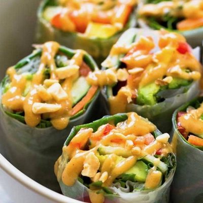 Thai Summer Rolls with Peanut Sauce in bowl.