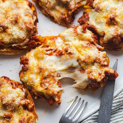 Pizza burger with melted cheese.